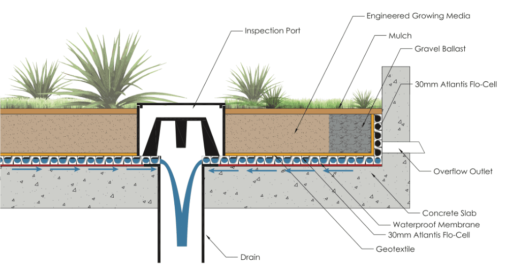 Cómo funciona el sistema de cubiertas verdes Atlantis Esquema del sistema de cubiertas verdes Atlantis, mostrando sus capas de drenaje, retención de agua y sustrato vegetal.